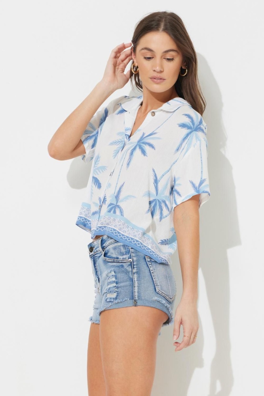 Women Ocean Drive | White W/Tonal Palm Printed Rayon Crinkle Camp Shirt