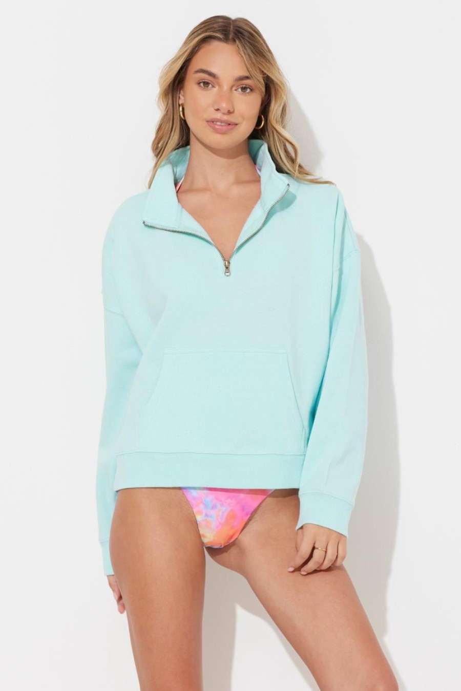 Women Ocean Drive | Breezy Blue Surf Wash Half Zip Sweatshirt