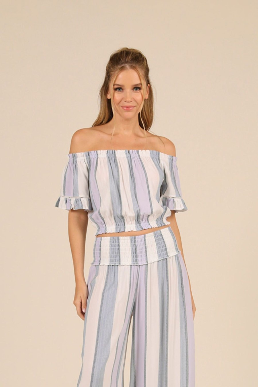 Women Ocean Drive | Lilac Summer Stripe Off Shoulder Bell Sleeve Top