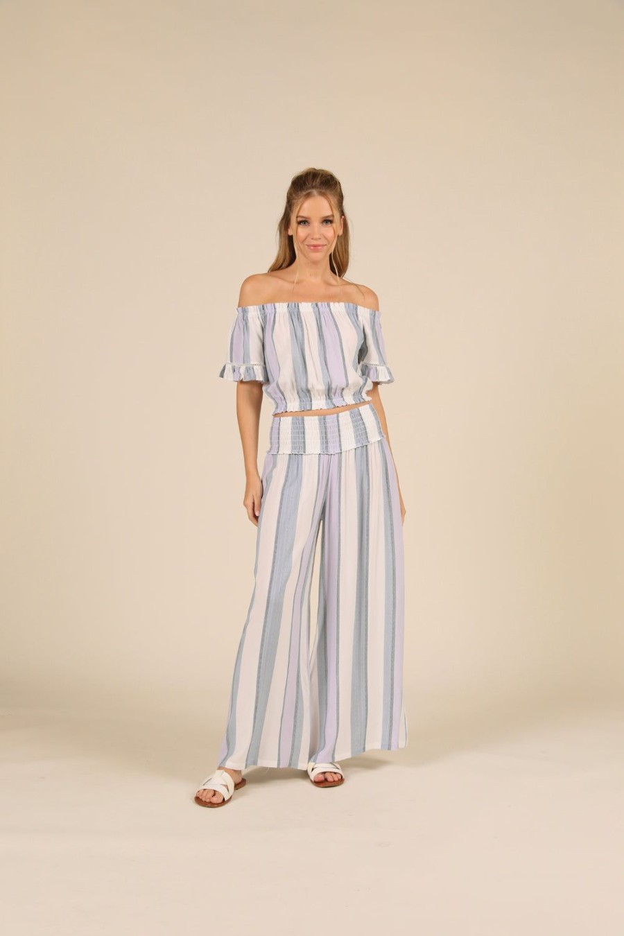 Women Ocean Drive | Lilac Summer Stripe Off Shoulder Bell Sleeve Top