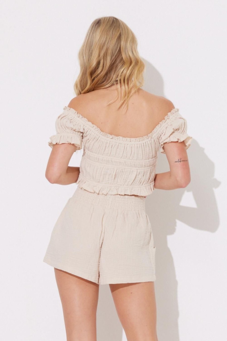 Women Ocean Drive | Sand Gauze Off Shoulder Crop Top