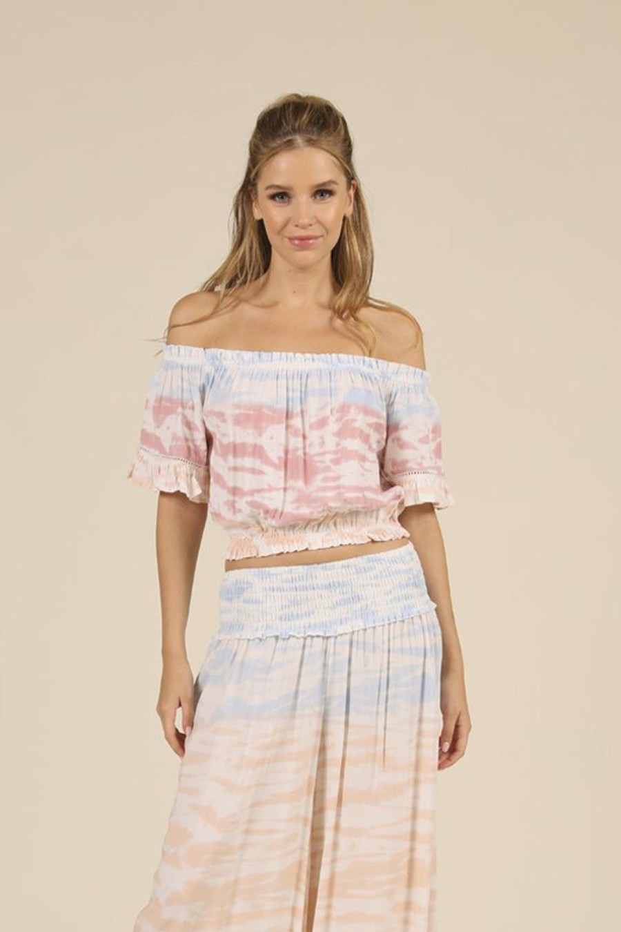 Women Ocean Drive | Tri Color Ombre Tie Dye Off Shoulder Bell Sleeve Top