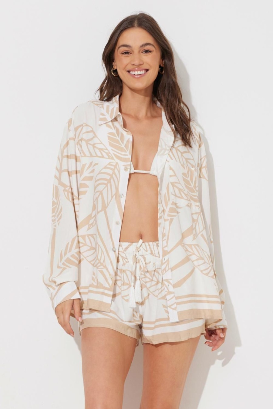 Women Ocean Drive | Tan Abstract Leaf Printed Rayon Button Up