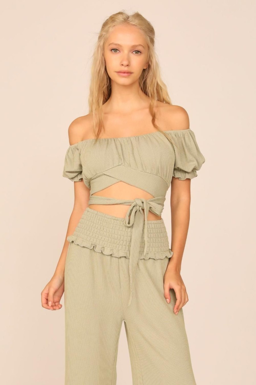 Women Ocean Drive | Soft Olive Rib Knit Wrap Crop Top