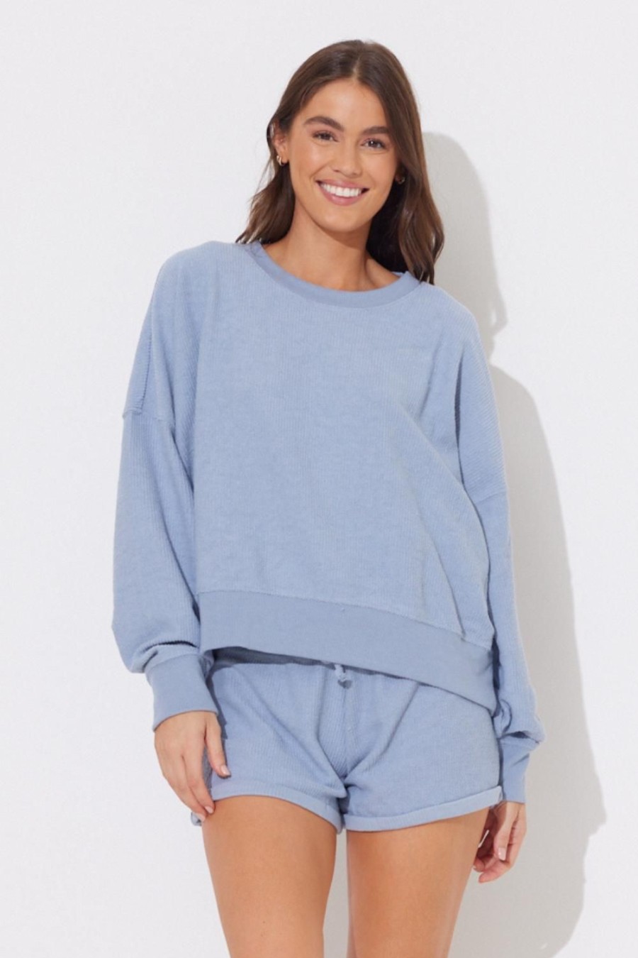 Women Ocean Drive | Fog Blue Washed Rib Crewneck