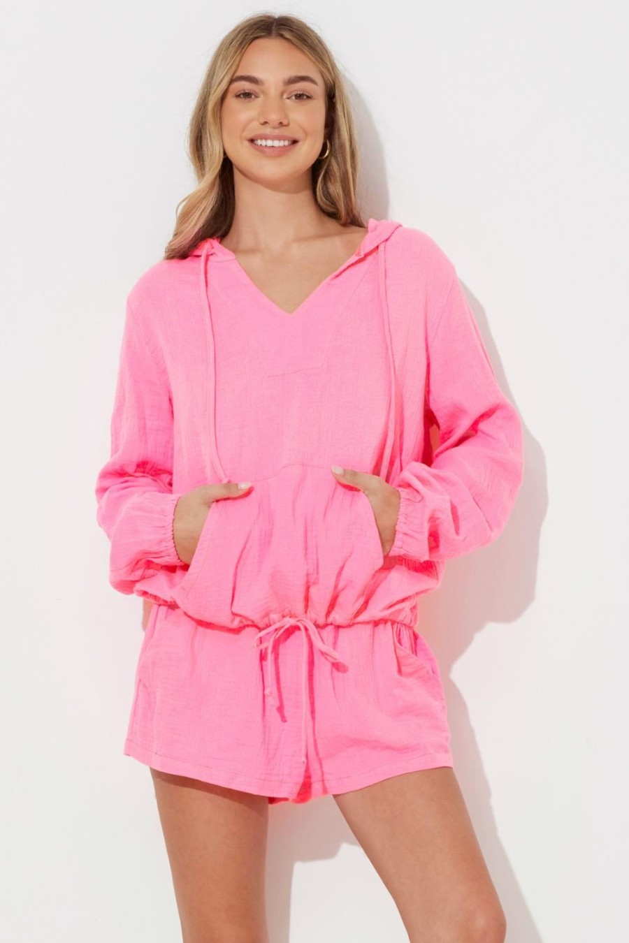 Women Ocean Drive | Hot Pink Solid Gauze Hoodie W/Cinch Waist