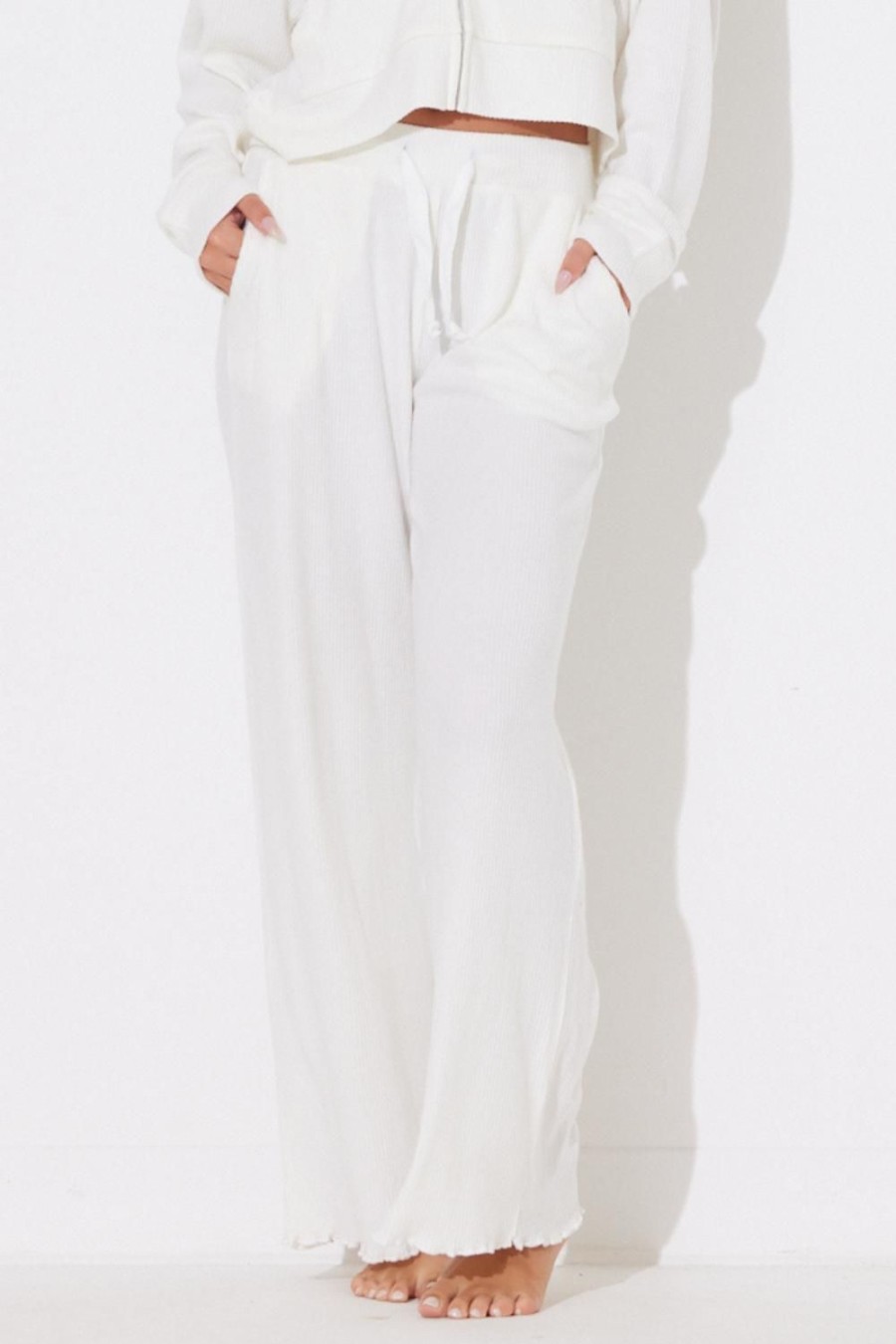 Women Ocean Drive | Warm White Rib Hacci Lettuce Edge Pant