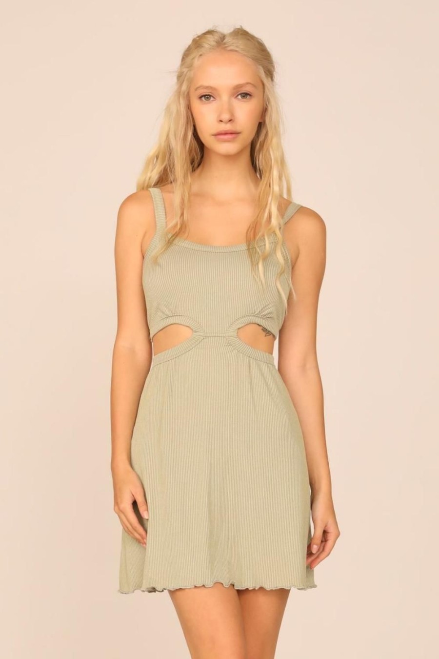 Women Ocean Drive | Soft Olive Rib Knit Cutout Dress