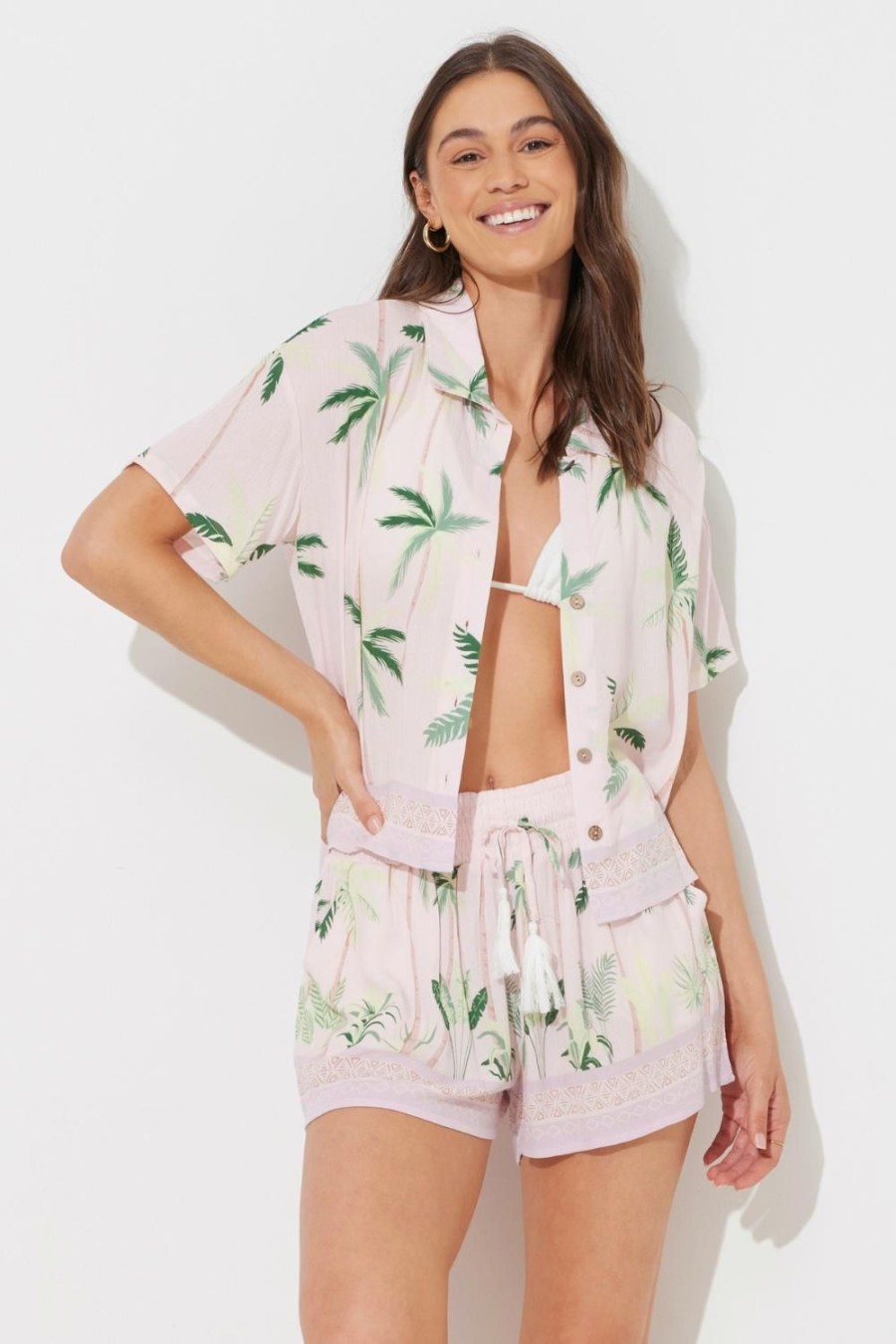 Women Ocean Drive | Baby Pink W/Tonal Green Printed Rayon Crinkle Camp Shirt