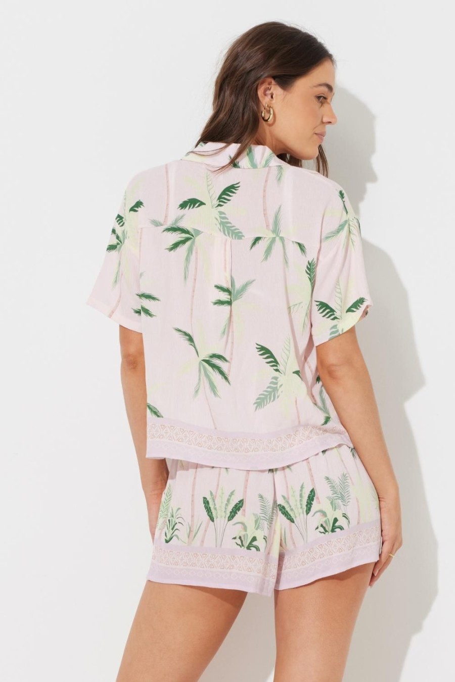 Women Ocean Drive | Baby Pink W/Tonal Green Printed Rayon Crinkle Camp Shirt