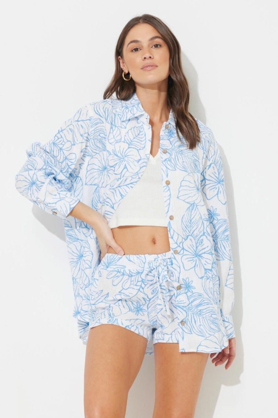 Women Ocean Drive | Ocean Blue Printed Gauze Button Up