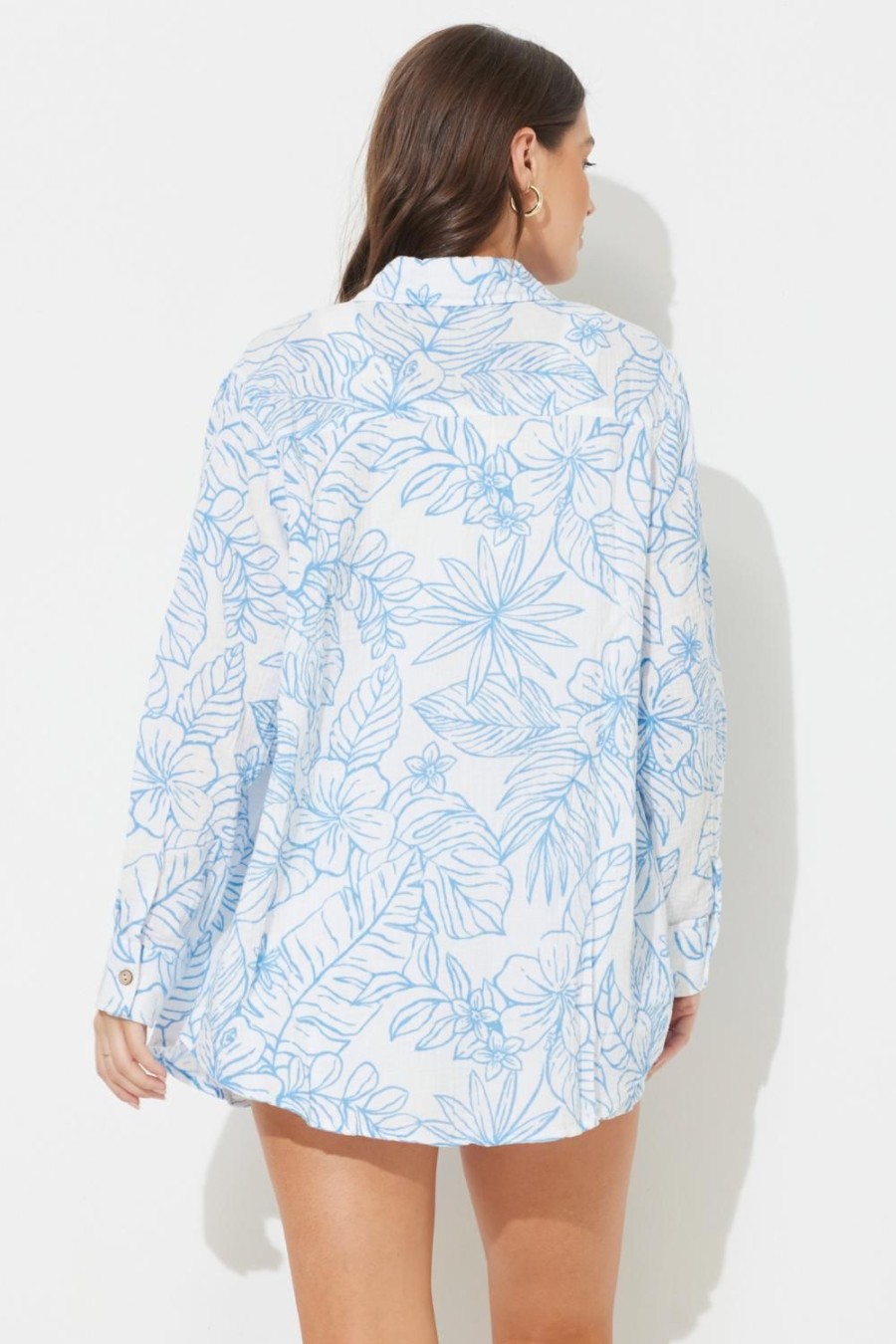 Women Ocean Drive | Ocean Blue Printed Gauze Button Up