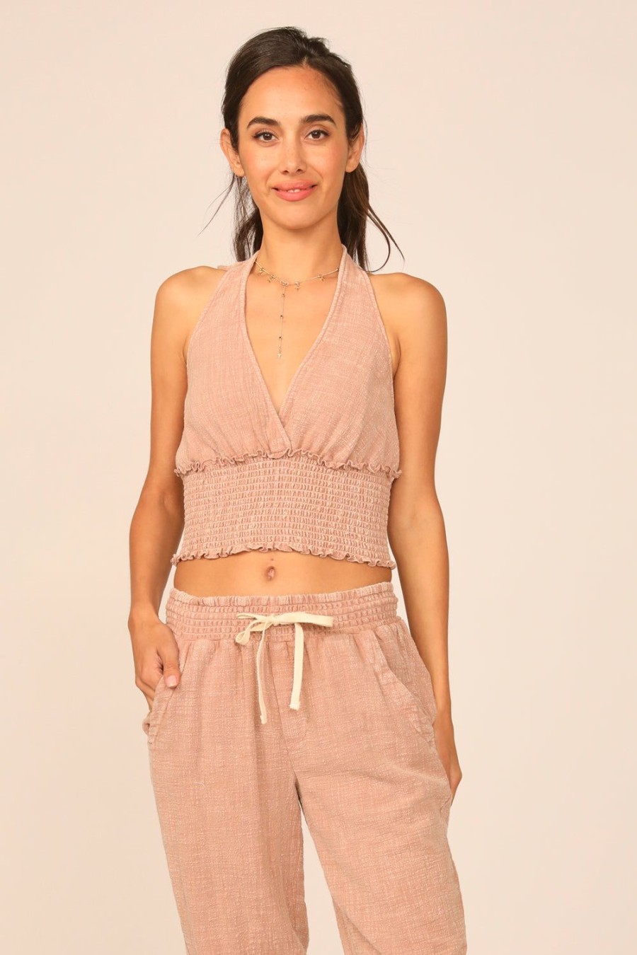 Women Ocean Drive | Villa Mauve Washed Texture Fabric Halter Top