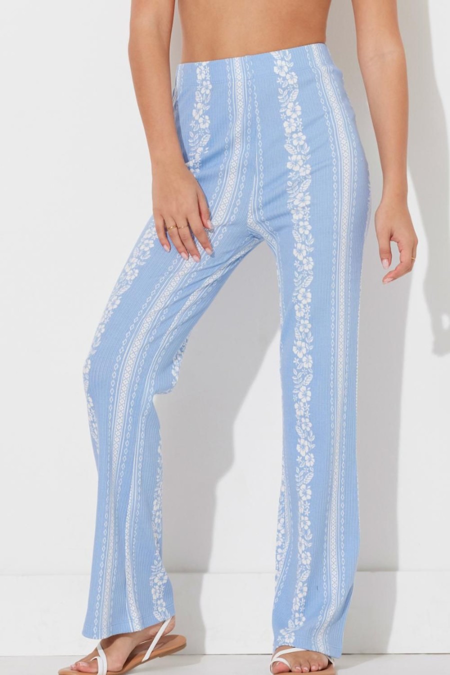 Women Ocean Drive | High Tide Blue Hibiscus Print Rib Knit Pant