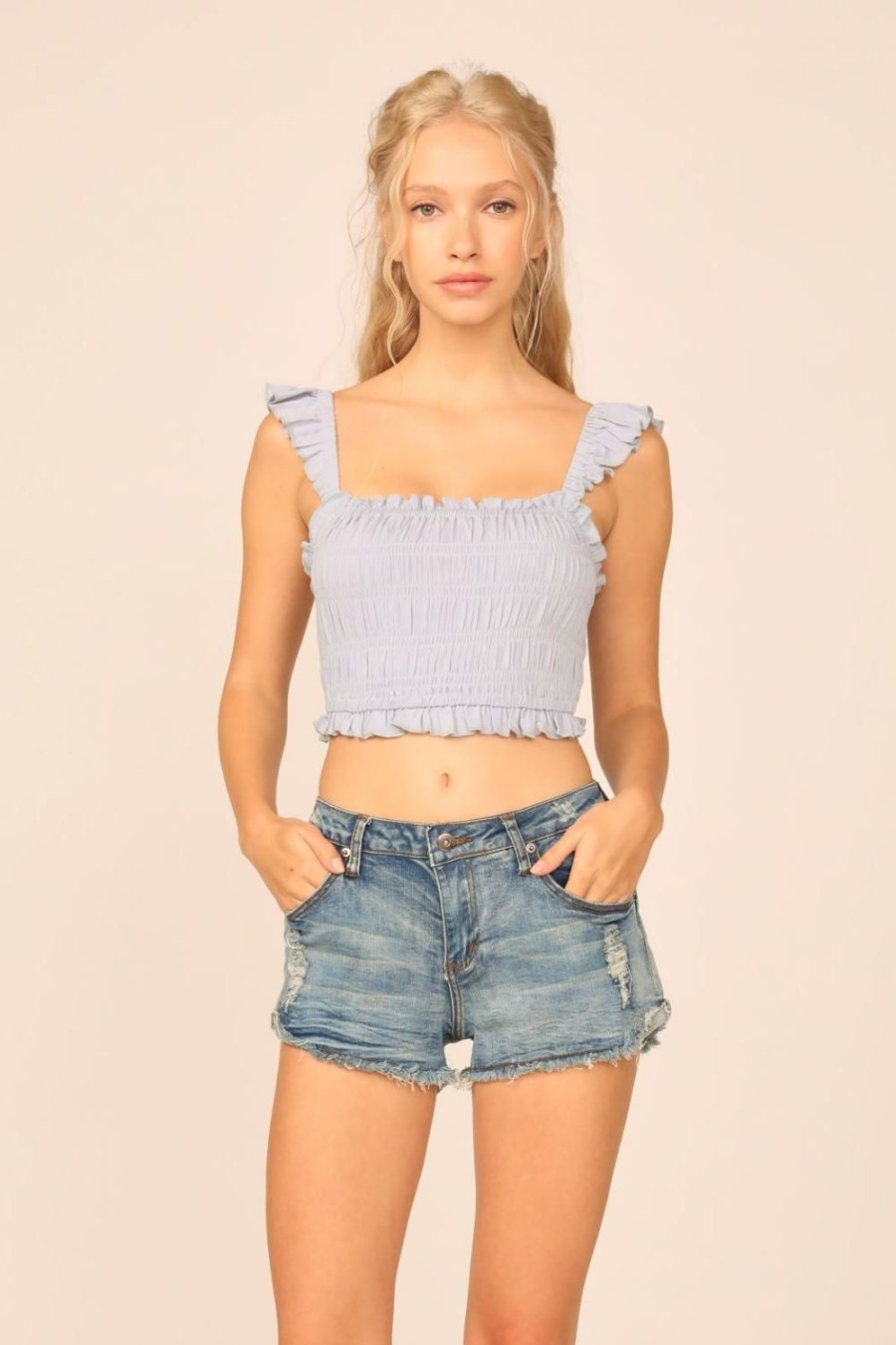 Women Ocean Drive | Blue Jean Washed Crepe Smocked Bodice Tank