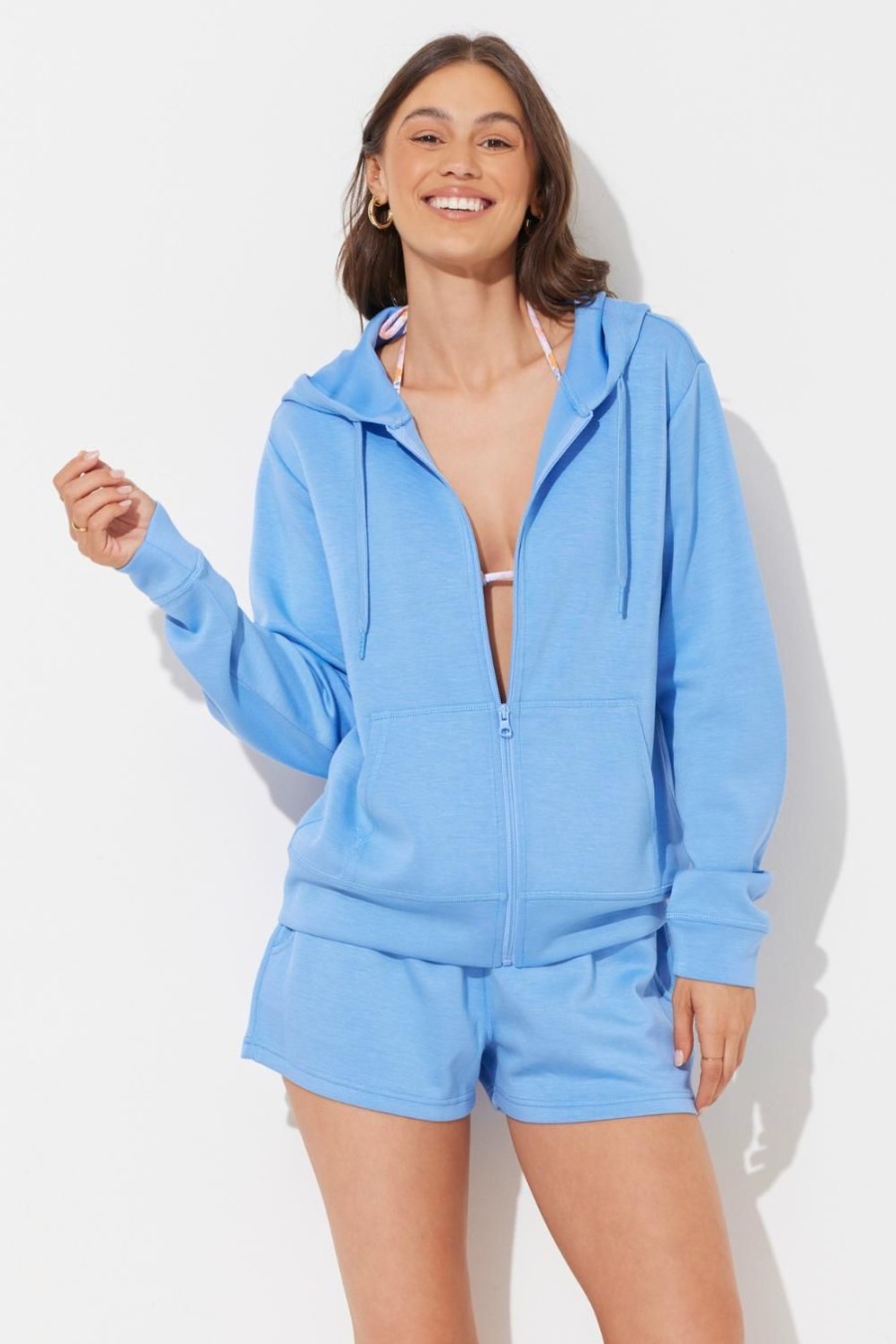 Women Ocean Drive | Hightide Blue Cloud Fleece Od Zip Up Hoodie