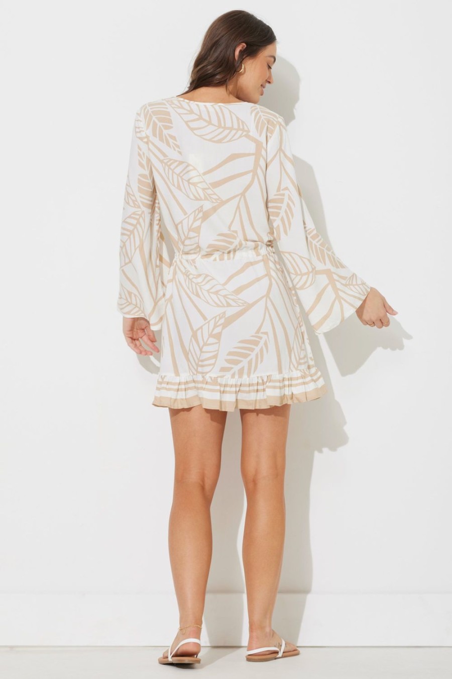 Women Ocean Drive | Tan Abstract Leaf Printed Rayon Long Sleeve Dress