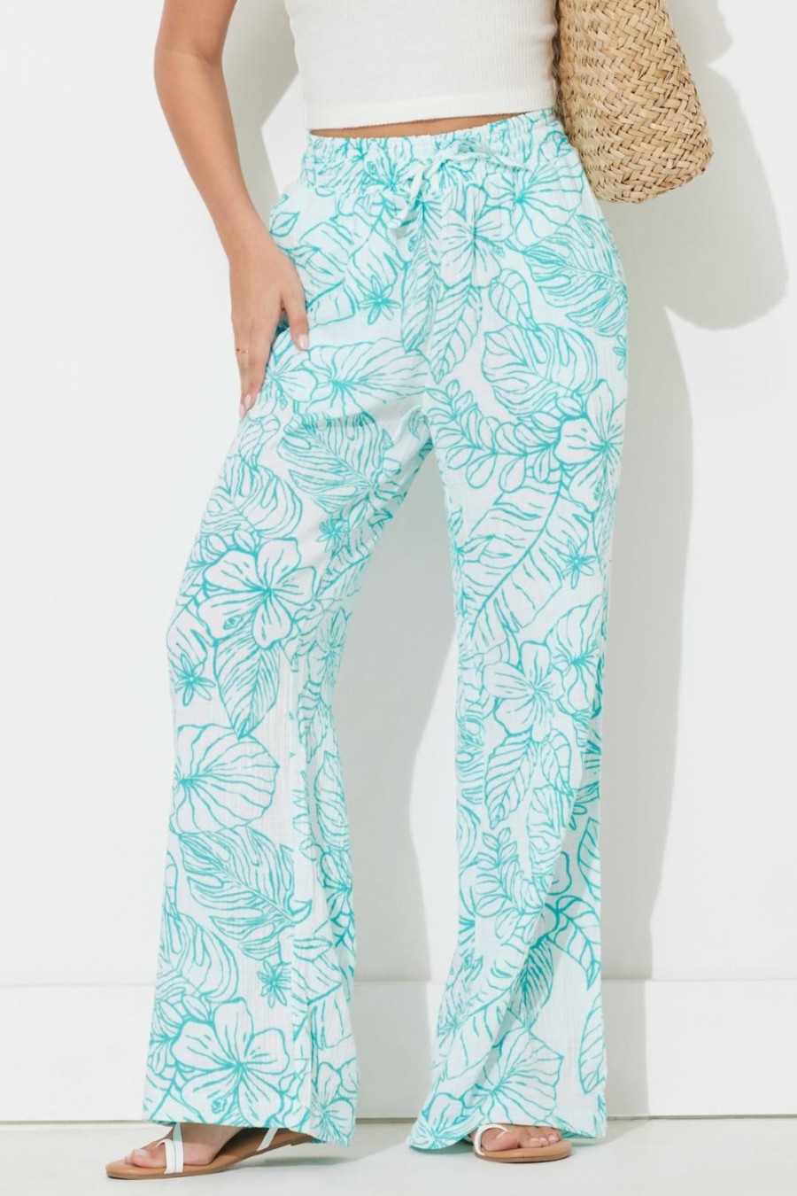 Women Ocean Drive | Teal Green Printed Gauze Pant