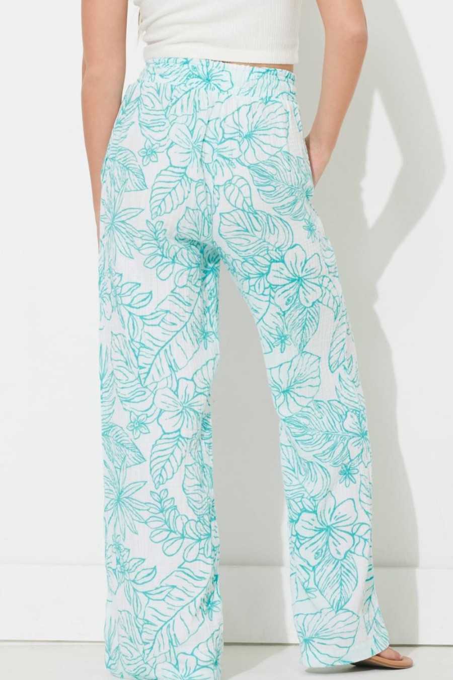 Women Ocean Drive | Teal Green Printed Gauze Pant