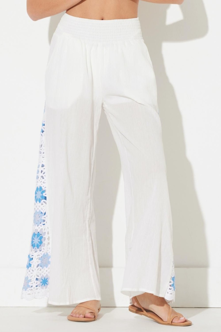 Women Ocean Drive | White W/Blue Crochet Square Crochet Insert Pant