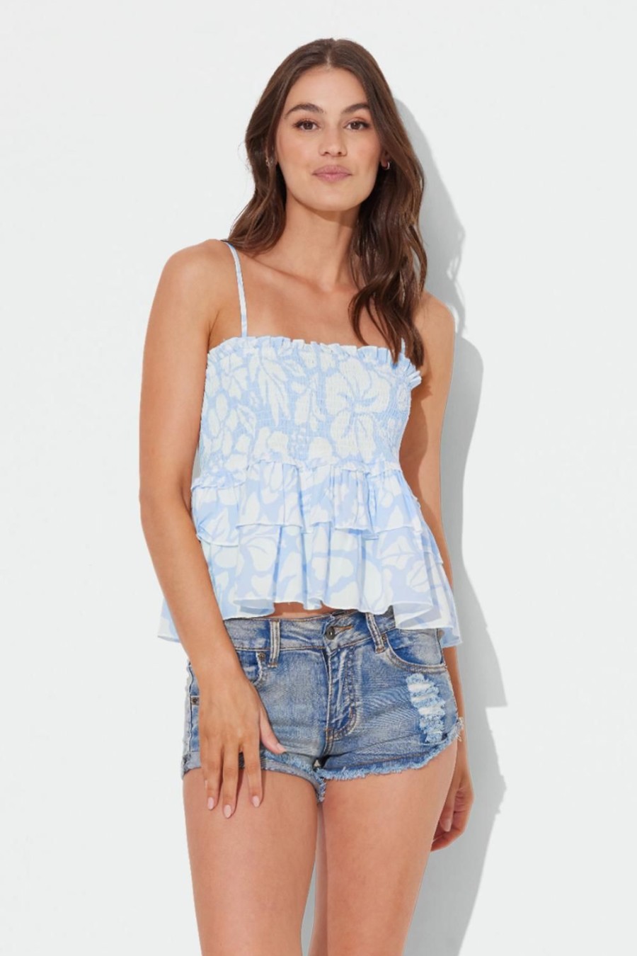 Women Ocean Drive | Summer Blue Retro Hawaiian Print Smocked Tank