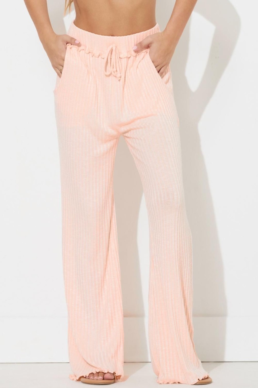 Women Ocean Drive | Popsicle Peach Solid Rib Lettuce Edge Pants