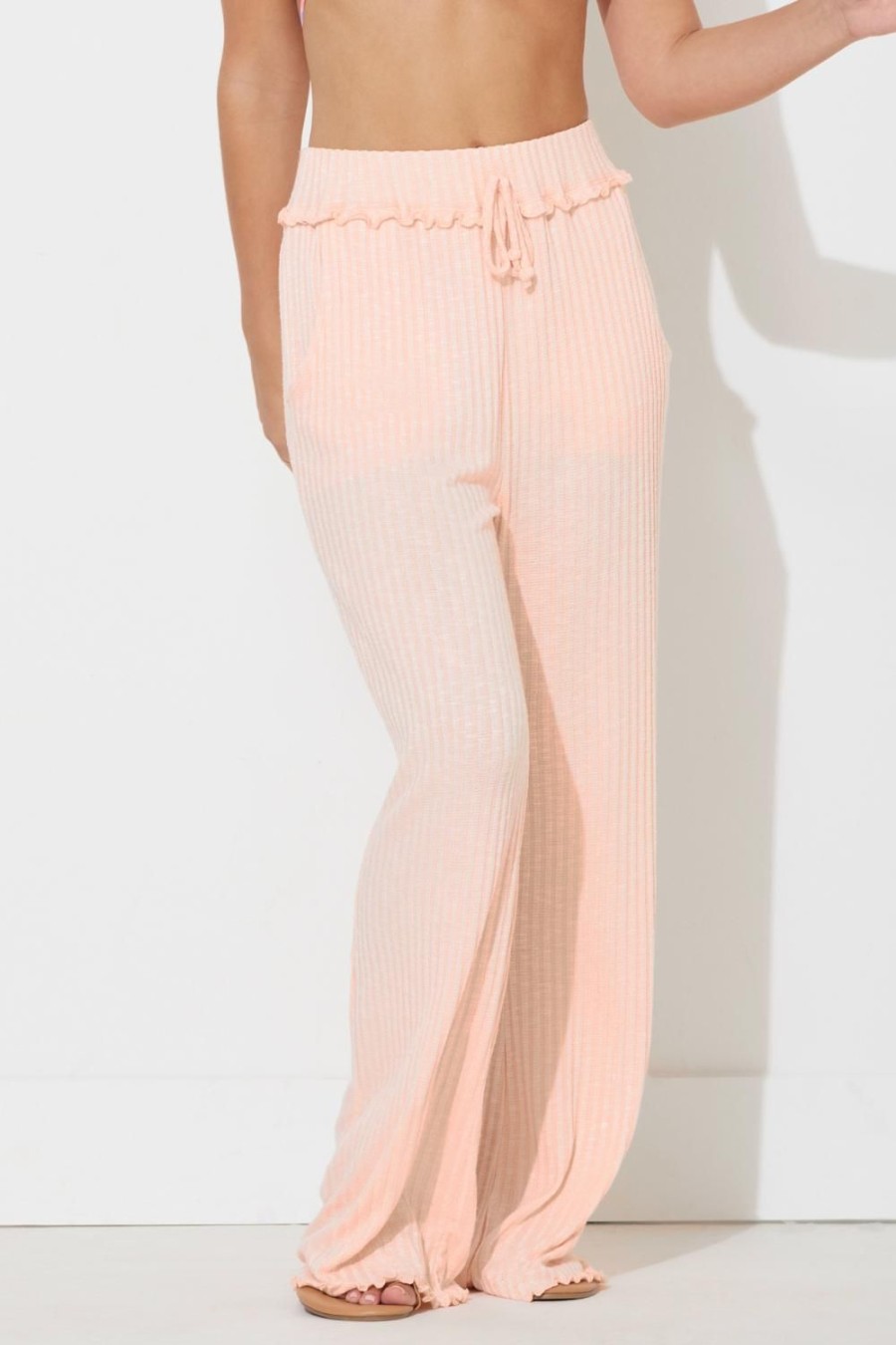 Women Ocean Drive | Popsicle Peach Solid Rib Lettuce Edge Pants