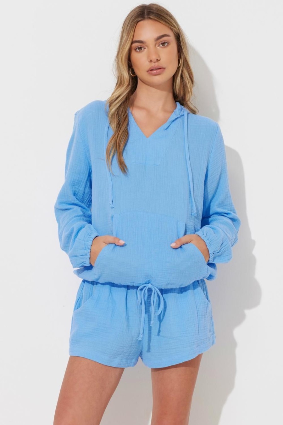 Women Ocean Drive | Ocean Blue Solid Gauze Hoodie W/Cinch Waist