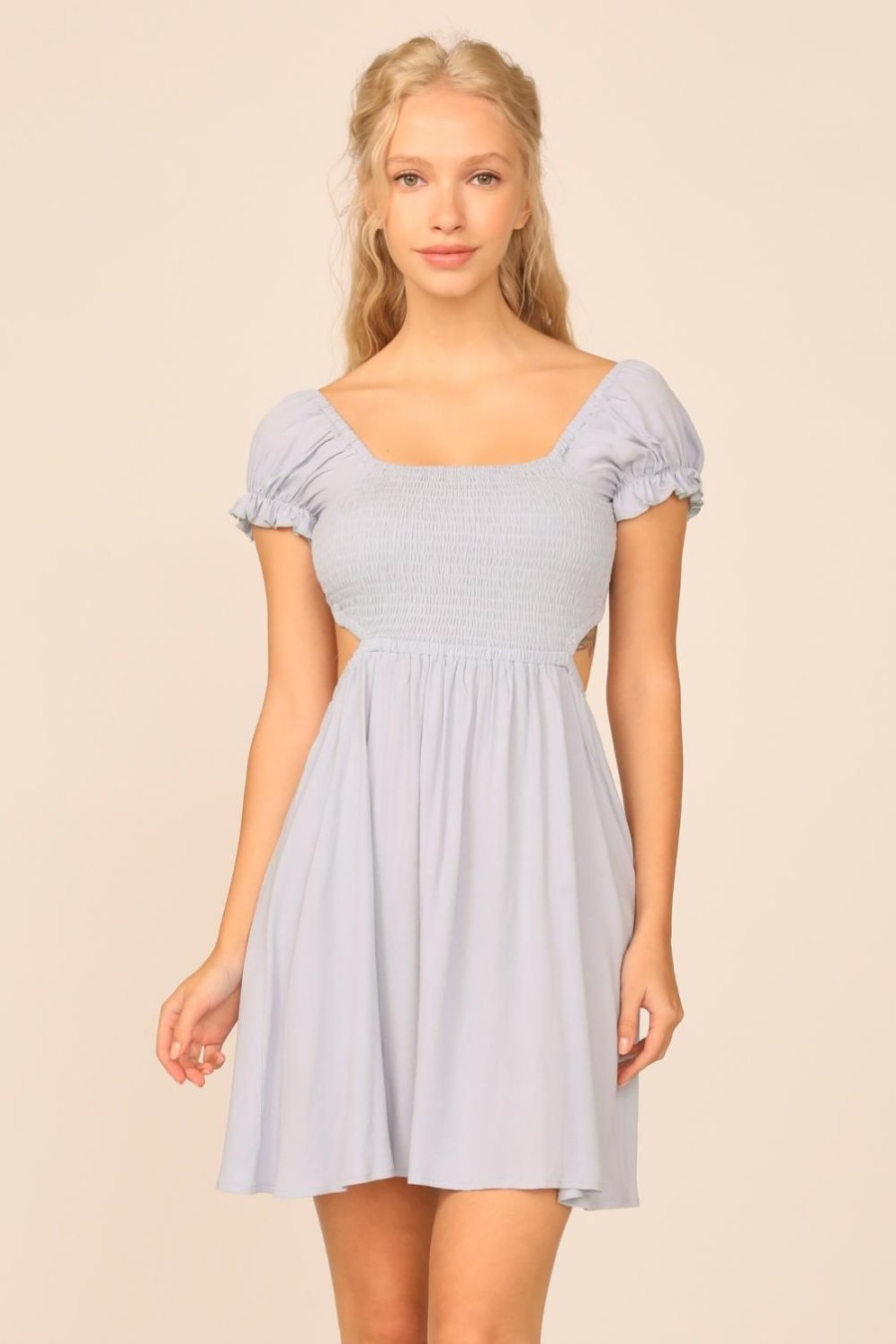 Women Ocean Drive | Blue Jean Washed Crepe Smocked Bodice Puff Sleeve Dress