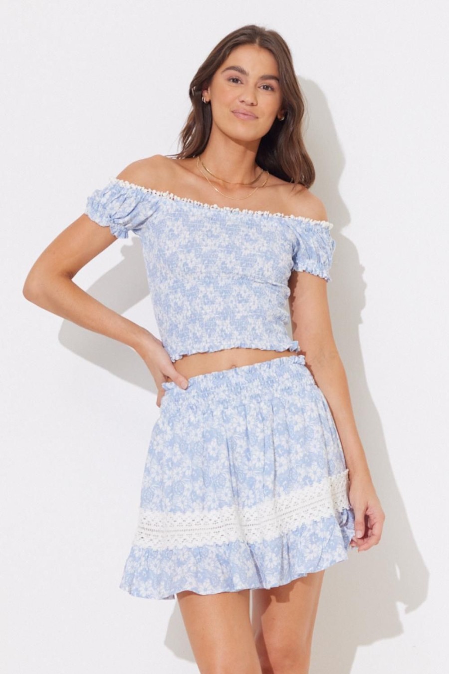 Women Ocean Drive | Denim & White Combo Printed Smocked Off Shoulder Top