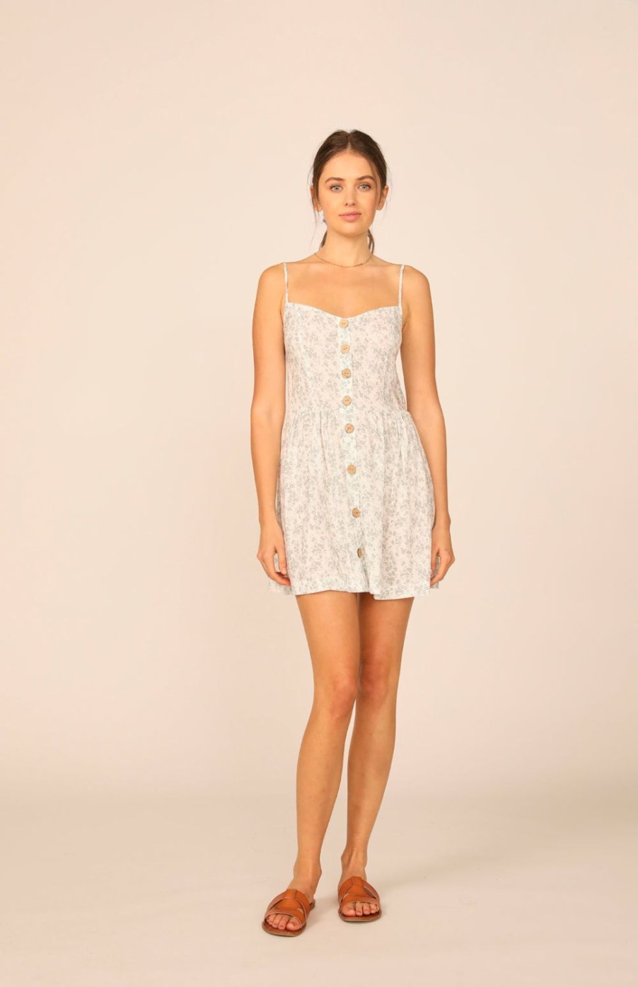 Women Ocean Drive | White/Sage Floral Print Button Front Dress