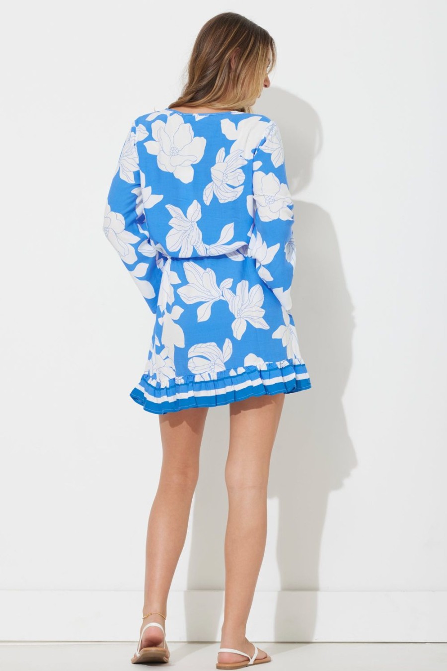 Women Ocean Drive | Blue Botanic Printed Rayon Long Sleeve Dress