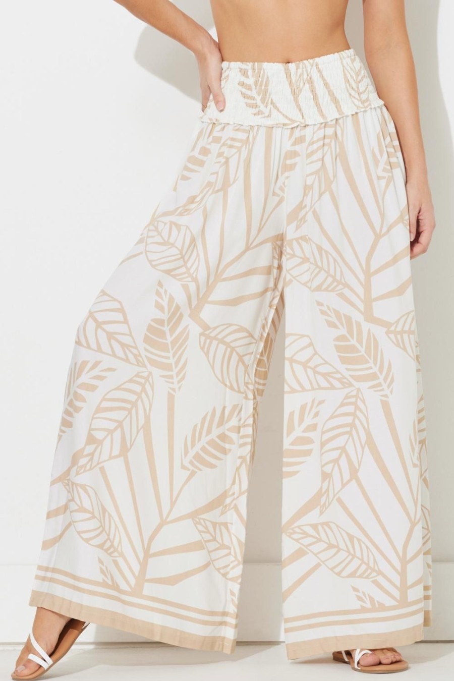 Women Ocean Drive | Tan Abstract Leaf Printed Rayon Pant