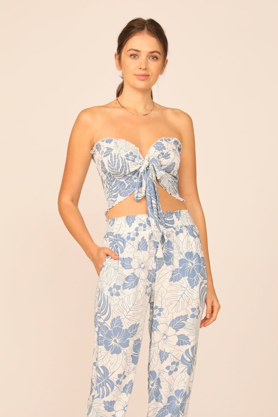 Women Ocean Drive | Denim Hawaiian Print Rayon Smocked Tie Front Crop Top