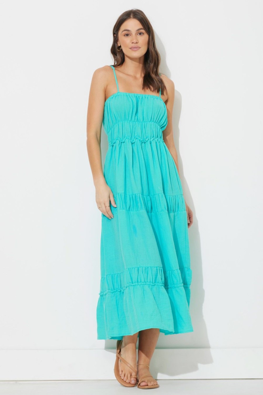 Women Ocean Drive | Teal Green Solid Gauze Maxi Dress