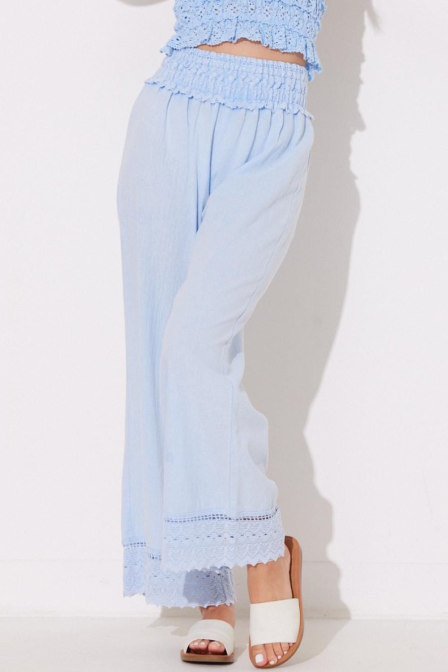 Women Ocean Drive | Pacific Blue Washed Crochet And Cotton Gaucho Pant