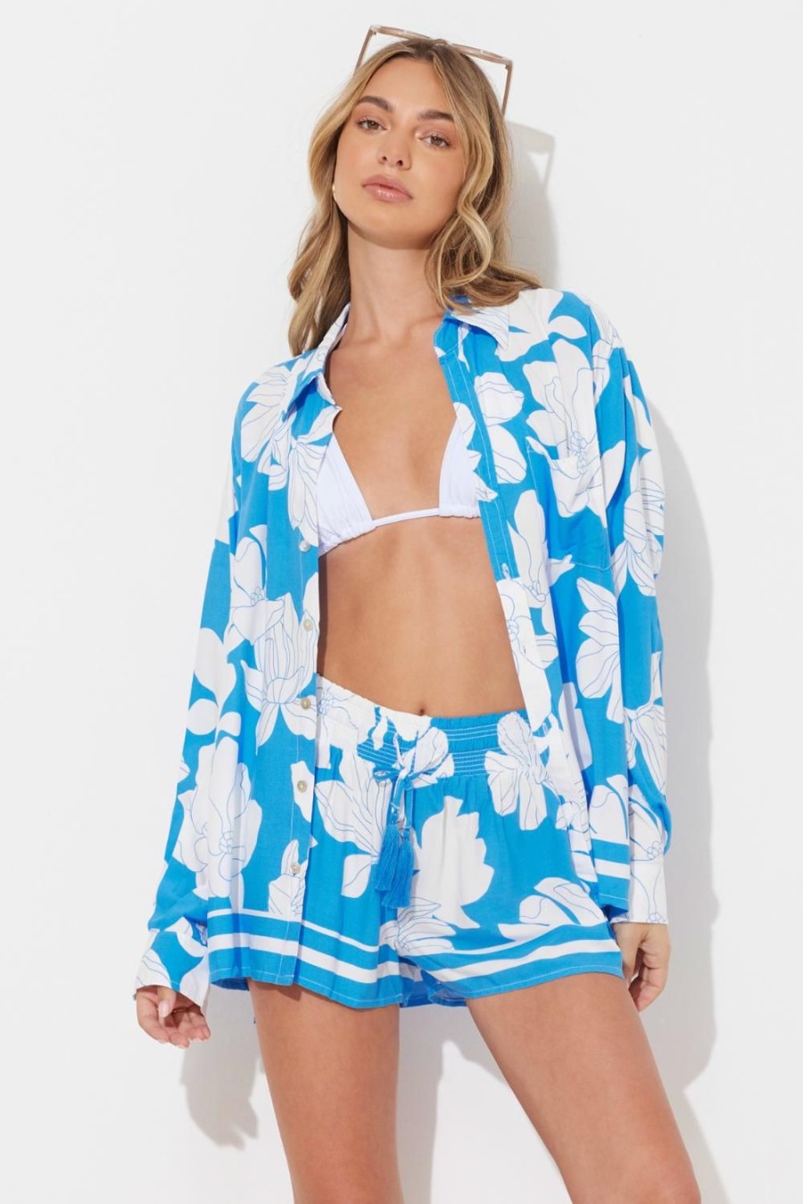 Women Ocean Drive | Blue Botanic Printed Rayon Button Up