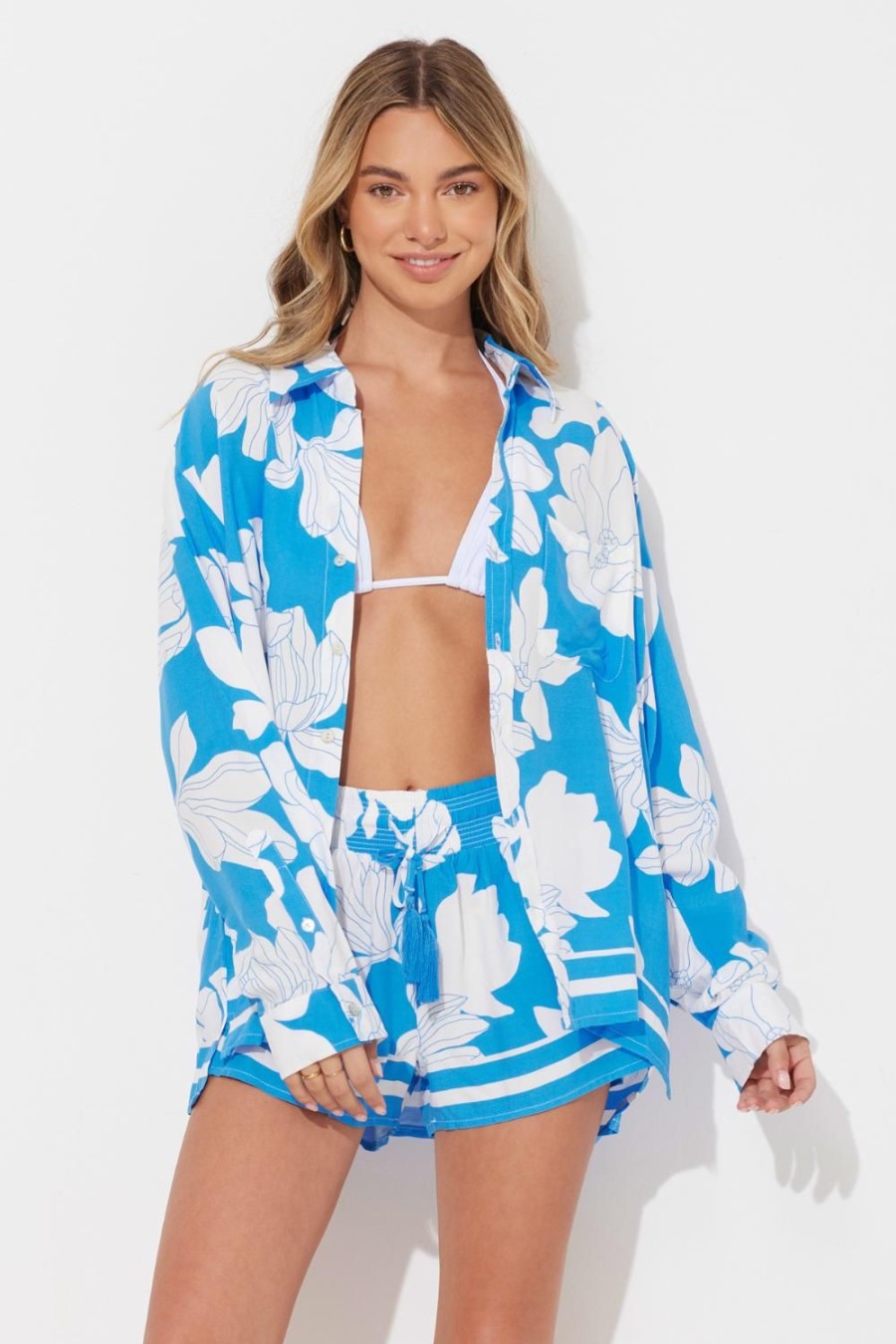 Women Ocean Drive | Blue Botanic Printed Rayon Button Up