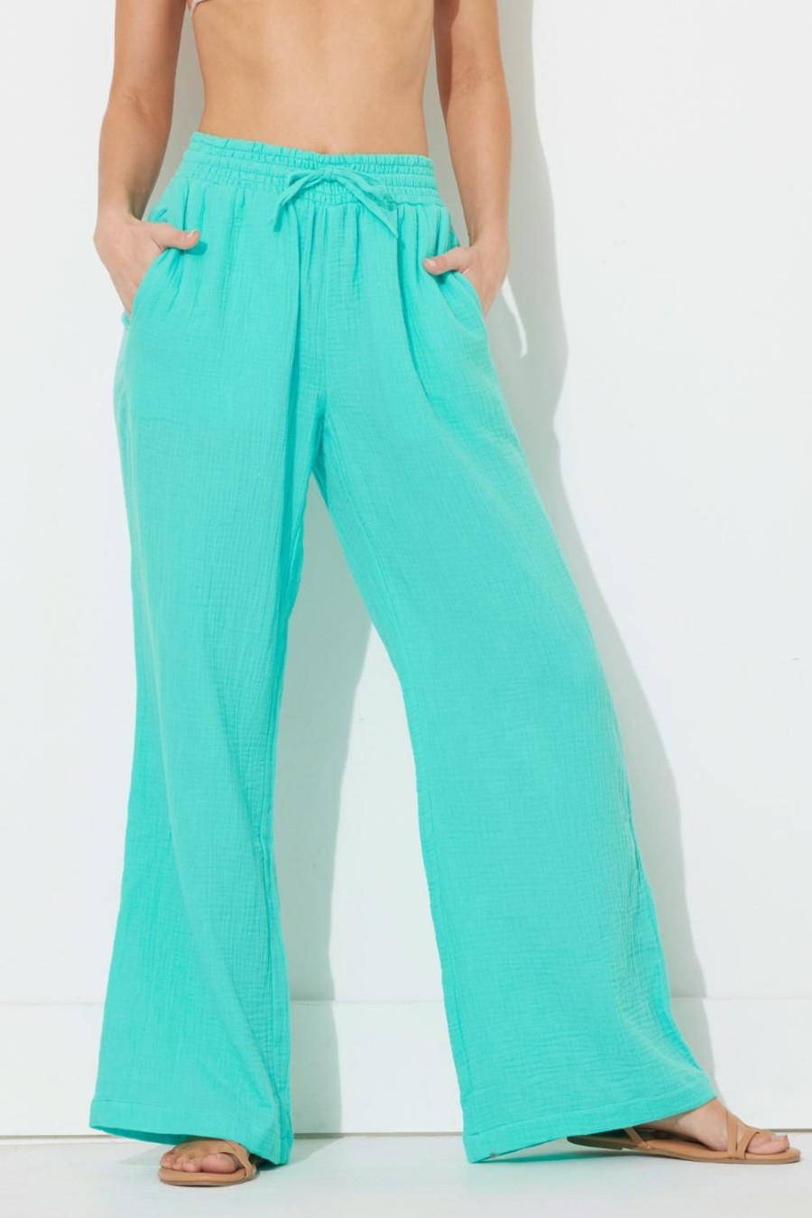 Women Ocean Drive | Teal Green Gauze Wide Leg Pants