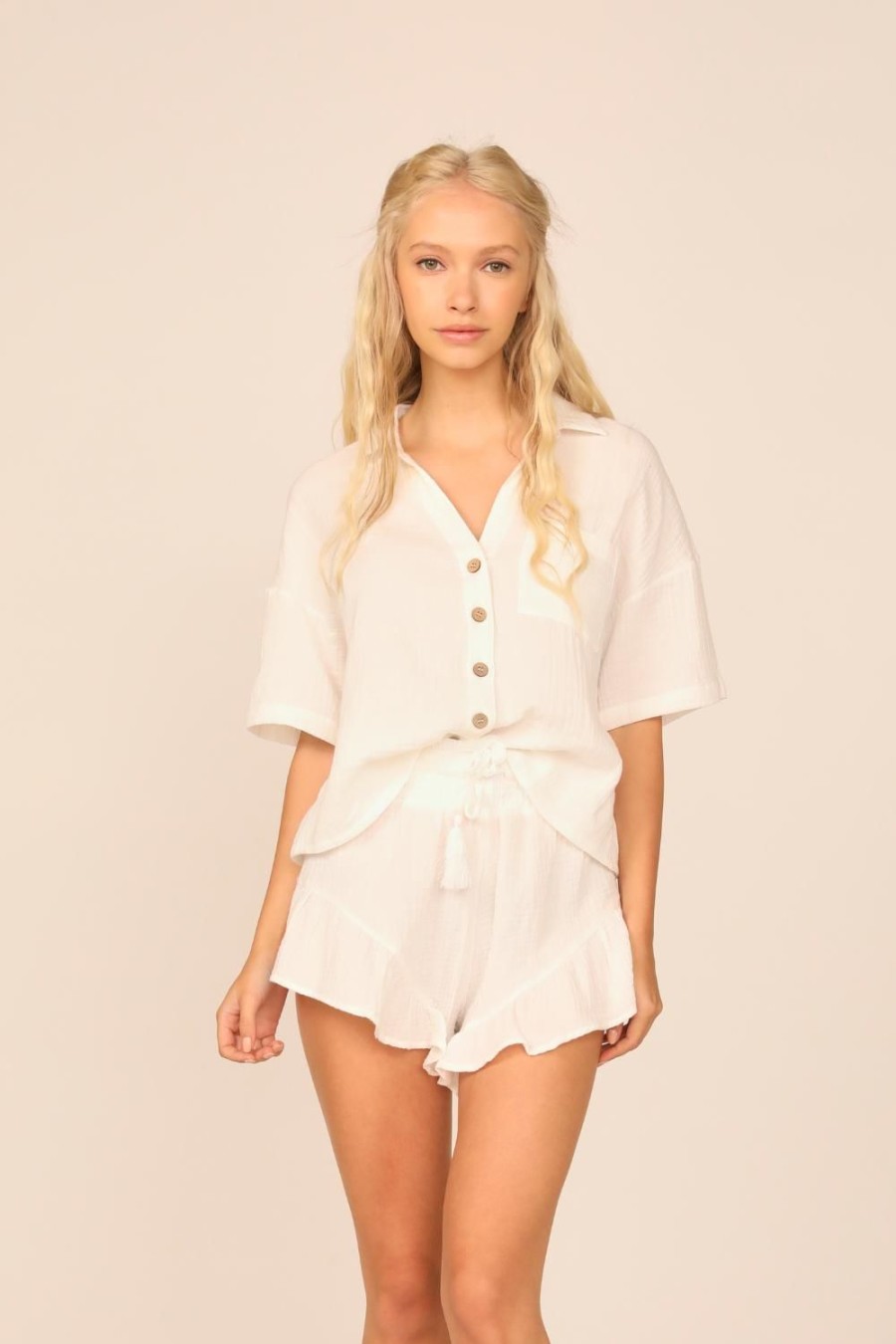 Women Ocean Drive | White Gauze Short Sleeve Button Front Camp Shirt