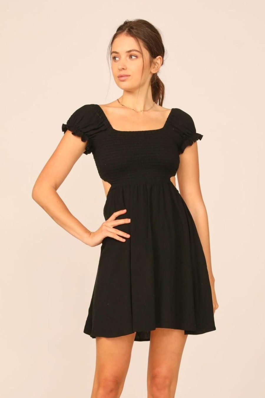 Women Ocean Drive | Black Washed Crepe Smocked Bodice Puff Sleeve Dress