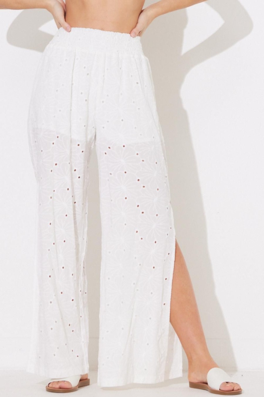 Women Ocean Drive | White Floral Eyelet Gaucho Pants