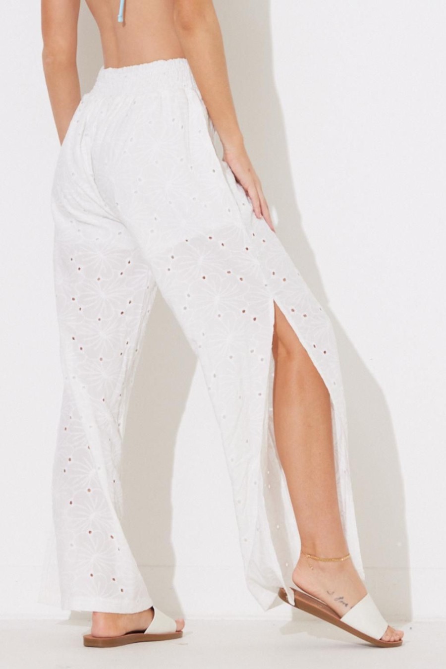 Women Ocean Drive | White Floral Eyelet Gaucho Pants