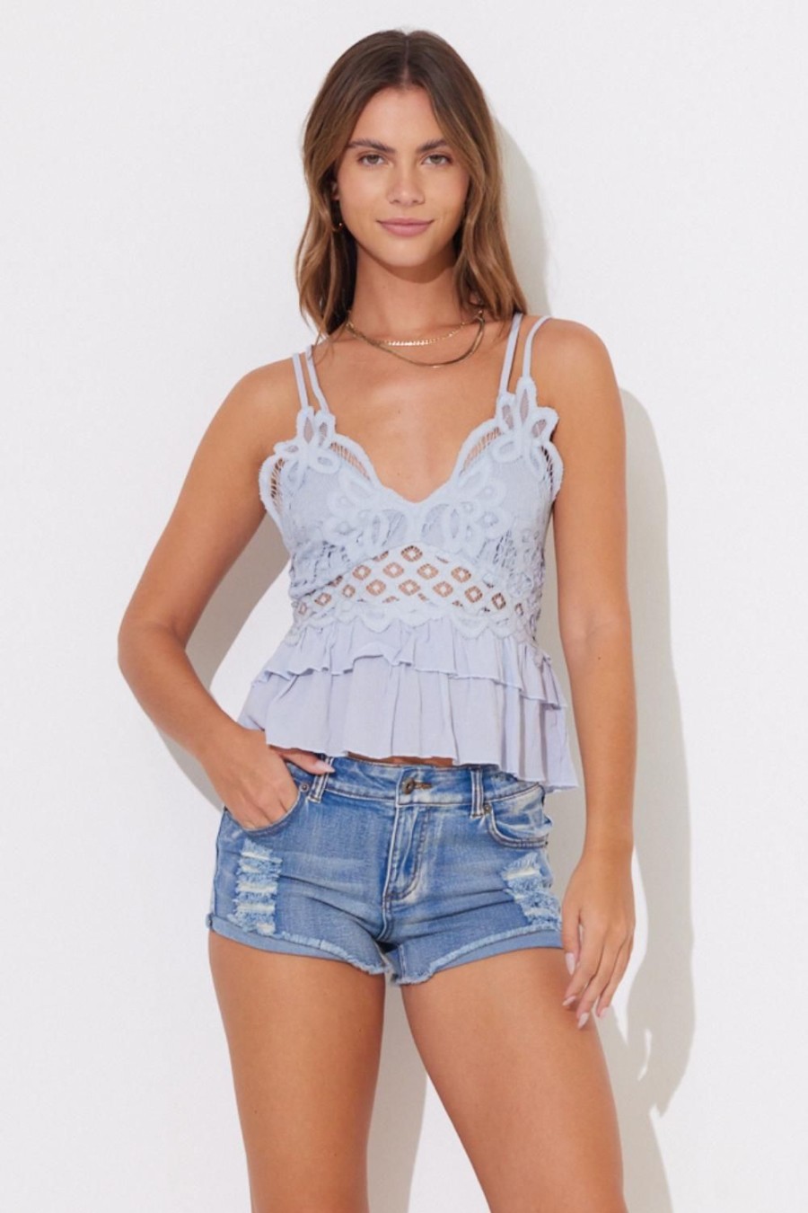 Women Ocean Drive | Sage Fog Lace Detail Ruffle Cropped Tank