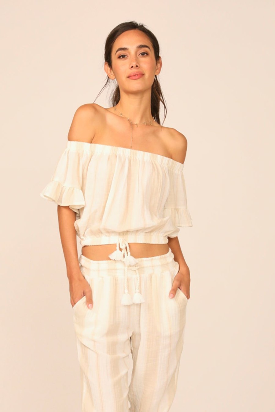 Women Ocean Drive | Sand/Khaki Stripe Gauze Off The Shoulder Top