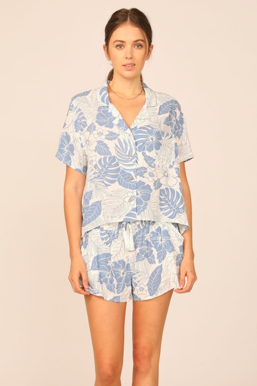 Women Ocean Drive | Denim Hawaiian Print Rayon Tie Front Button Up Top