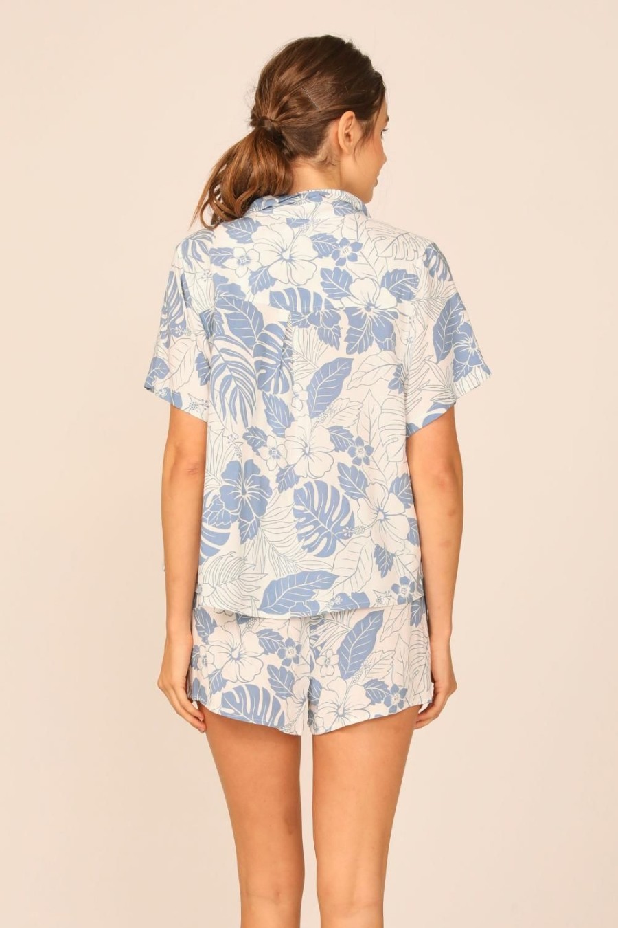 Women Ocean Drive | Denim Hawaiian Print Rayon Tie Front Button Up Top