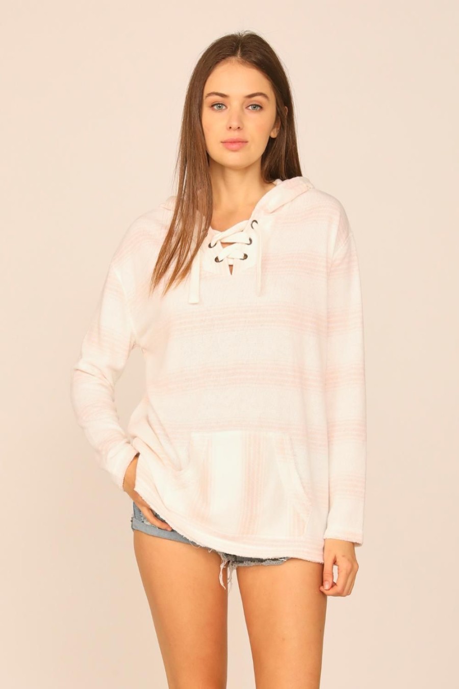 Women Ocean Drive | Crystal Pink Stripe Terry Texture Lace Up Hoodie