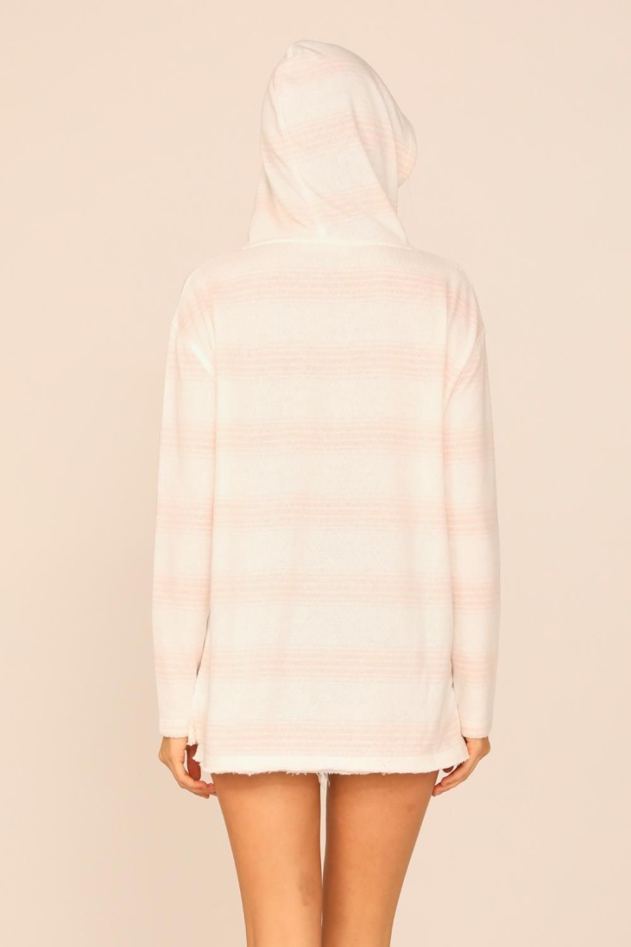 Women Ocean Drive | Crystal Pink Stripe Terry Texture Lace Up Hoodie