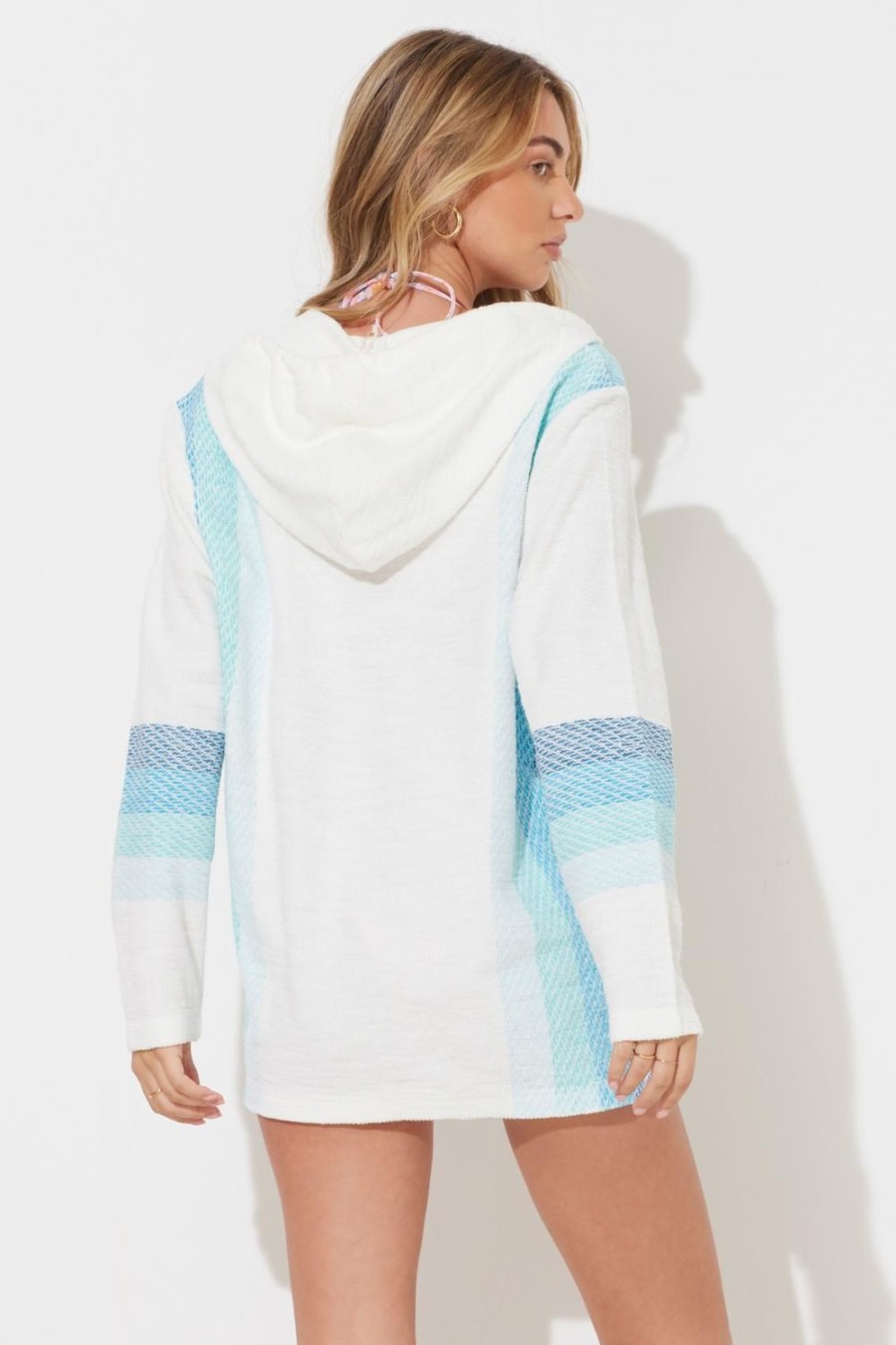 Women Ocean Drive | Blue Combo Stripe Printed Texture Knit Baja Hoodie